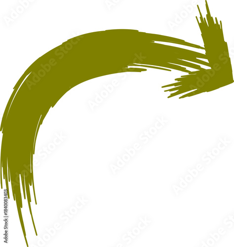 Hand-drawn olive green curved arrow with a rough brushstroke texture pointing right.