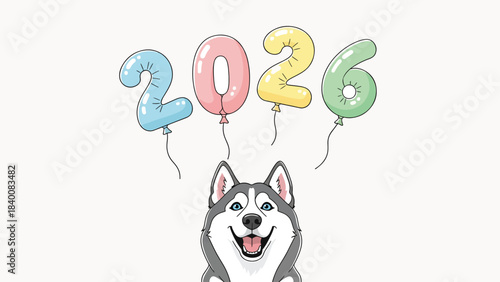 Vector illustration of a happy dog husky with balloons spelling out '2026' floating above, against a clean white background for a happy new year