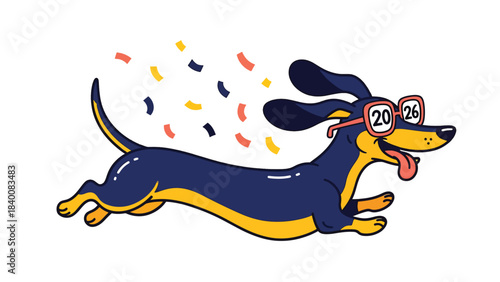 Vector illustration of a happy dachshund dog wearing glasses running with colorful confetti, celebrating happy new year 2026 in a playful and festive