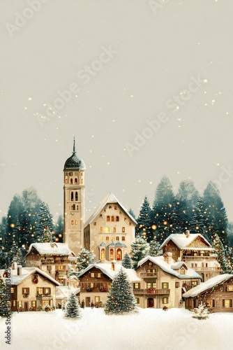 Snowy Christmas village with warm lights, tall steeple and decorated winter cottages