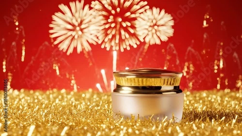 Frosted glass jar with golden lid on shimmering gold tinsel. Red background features abstract golden light bursts, evoking a festive mood. Ideal for luxury beauty, skincare, and holiday promotions, co