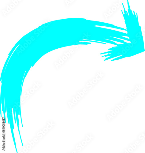 A cyan blue hand-drawn brushstroke arrow pointing right and slightly downwards, with a curved shaft.