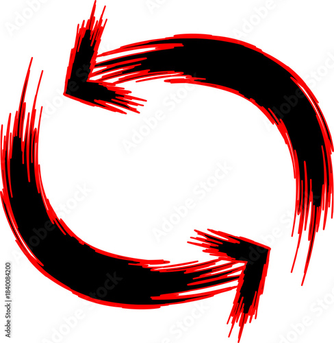 Two opposing curved arrows with a rough, brushstroke-like red outline on a white background.