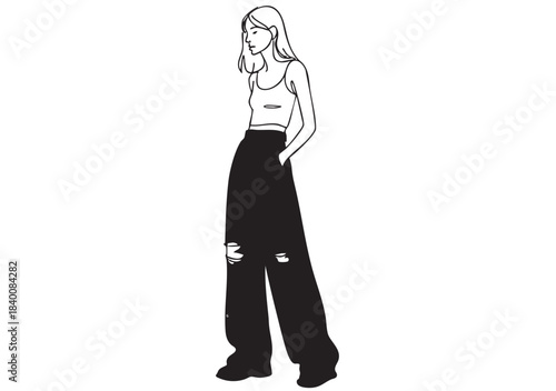line sketch fashion girl in very long black baggy torn wide pants