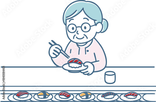 回転寿司を食べているおばあちゃん
Grandma eating conveyor belt sushi