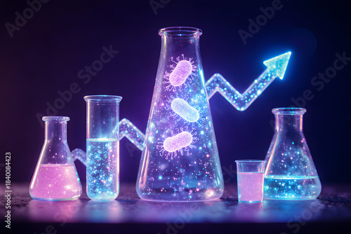 Wallpaper Mural Glowing laboratory beakers with animated bacteria and growth arrow, representing scientific research and discovery. Torontodigital.ca