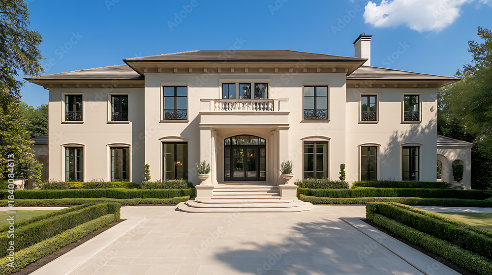 Fototapeta premium Elegant two-story residential home with a cream-colored facade, dark-framed windows, and manicured landscaping under a clear blue sky, showcasing classic architectural design.