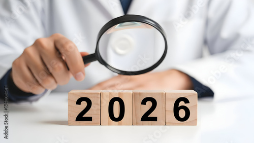 Analyzing the future with a magnifying glass focusing on wooden blocks spelling 2026