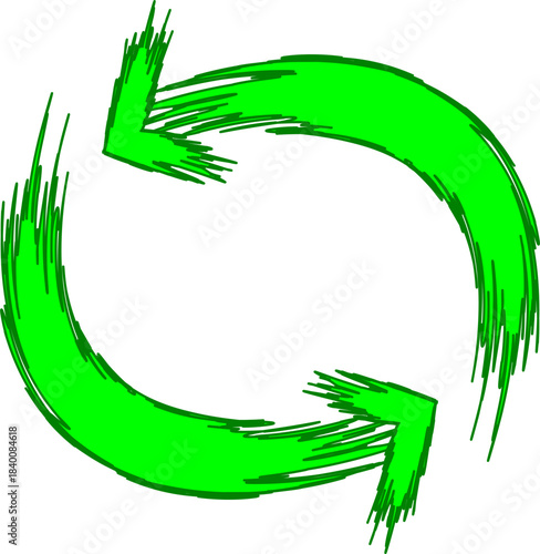 Green hand-drawn style arrows forming a circular refresh or recycle symbol on a white background.