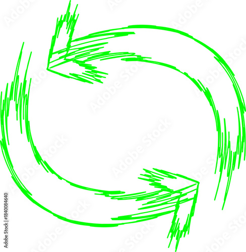 A pair of hand-drawn, sketchy green arrows forming a circular refresh or cycle symbol on a white background.