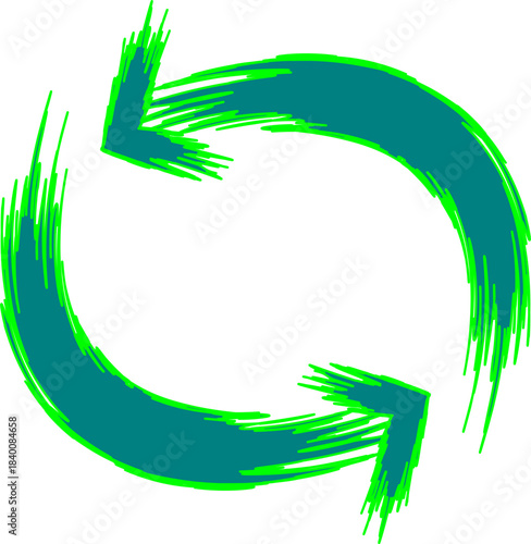 Two teal arrows with a vibrant green outline forming a circular refresh or cycle symbol on a white background.