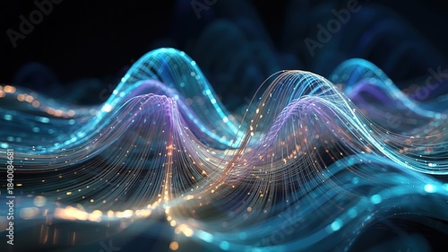 Flowing iridescent fiber optic strands create a beautiful glowing wave pattern against dark backdrop