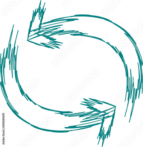 Two hand-drawn sketchy teal arrows forming a circular refresh or recycle symbol on a white background.