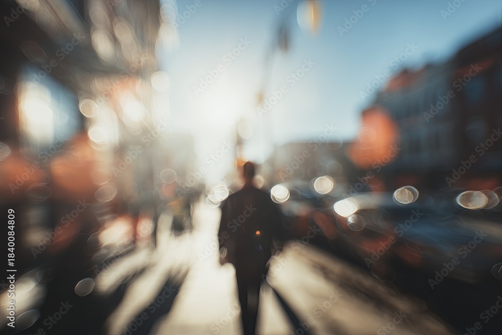 Fototapeta premium Person walking in a blurred urban street scene with sunlight reflections and soft focus background