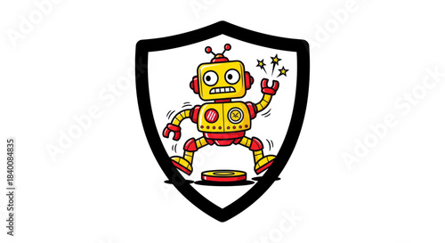 Animated Robot Character Featuring A Shield Design For Various Digital Applications