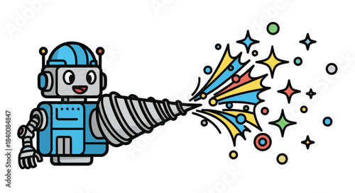Animated Robot Drilling Colorful Beams of Energy and Illustrating Fun Concepts