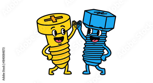 Animated Screws Giving High Five, Perfect for Teamwork, Cooperation, And Cartoon Illustration