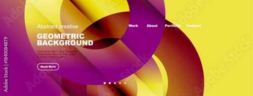 Abstract website header design. Vibrant colors, geometric shapes, text elements present. Modern, creative visual style.