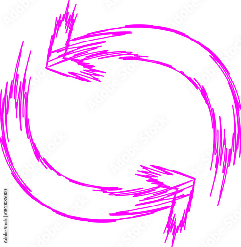 Two magenta sketchy arrows forming a circular refresh or cycle symbol on a white background.