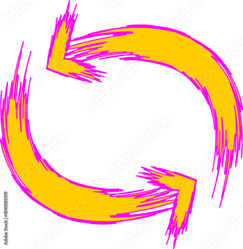 Two vibrant yellow arrows with pink distressed outlines forming a circular refresh or cycle symbol on a white background.