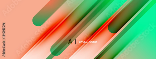 Abstract design features vibrant orange, green gradients. Diagonal lines intersect, creating dynamic visual effect. Modern, sleek aesthetic.