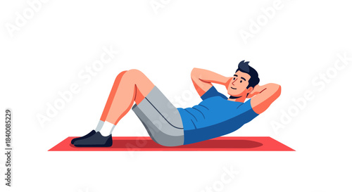 Athlete Performing Abdominal Crunches On Red Exercise Mat Perfect In Vector Style