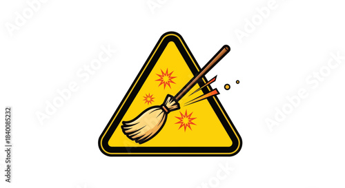 Broom Hazard Sign: Graphic Illustration of Cleaning, Caution, and Unexpected Action.