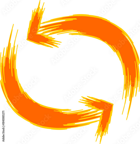 Two vibrant orange brushstroke arrows forming a continuous circular refresh or reload symbol on a white background.