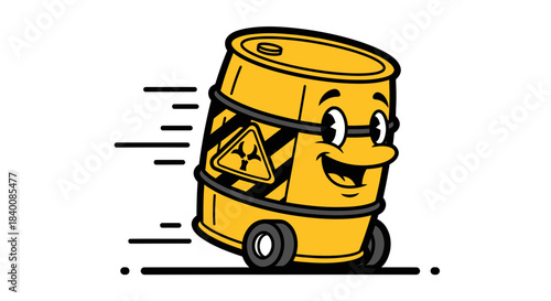 Cartoon Barrel on Wheels with a Smiling Face and Radiation Symbol Transporting Hazard