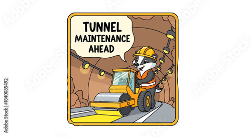 Cartoon Badger Operating Compactor Signaling Tunnel Maintenance, Colorful Construction Design