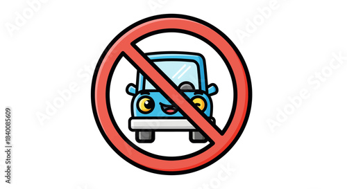 Cartoon Car Forbidden Sign Suggesting No Vehicles or Other Transportation Allowed