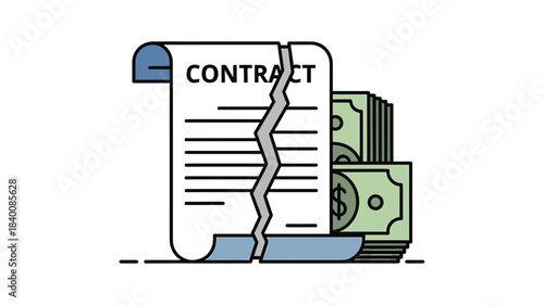 Torn Contract Document with Money Stack Symbolizing Contract Termination, Breach or Financial Failure.eps