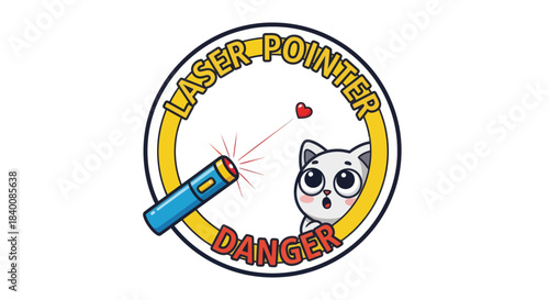 Cartoon Cat Amazed by Laser Pointer Hazard Symbol on a White Background