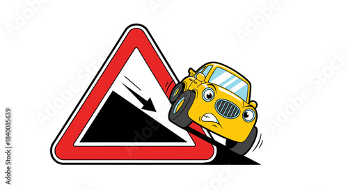 Cartoon Car Reacts to Steep Descent Road Sign Illustration For Safety Awareness