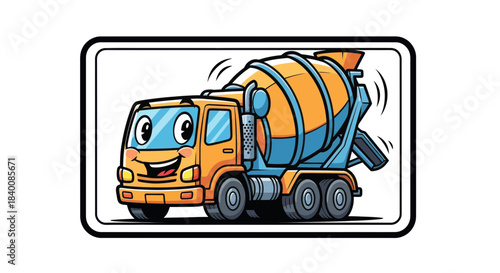 Cartoon Cement Truck Smiling Inside a Rectangular Frame Construction Illustration