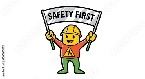 Cartoon Character Announcing Safety First With Hard Hat and Banner Displayed