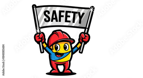 Cartoon Character Holding Safety Banner Promoting Workplace Standards and Protection