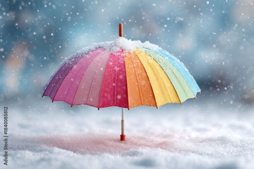 Fototapeta premium Colorful Umbrella in Winter Wonderland: A vibrant rainbow-colored umbrella stands gracefully amidst a snowy scene, its colorful canopy contrasting beautifully with the pristine white landscape