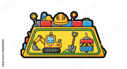 Cartoon Construction Site with Friendly Excavator and Building Elements Illustration