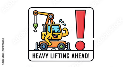 Cartoon Construction Vehicle Strongman Posing With Exclamation For Warning