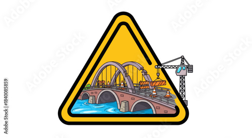 Bridge Under Construction Illustration Representing Roadwork In A Bold Triangular Sign