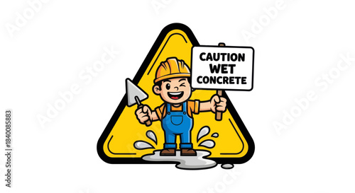Cartoon Construction Worker Holding Sign Warning About Wet Concrete in Yellow Triangle