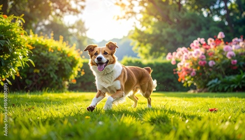 Happy dog running on grassy field in sunny park, tongue out and ears perked, surrounded by green trees and warm sunlight filtering through leaves, capturing joy, motion, and natural outdoor energy.