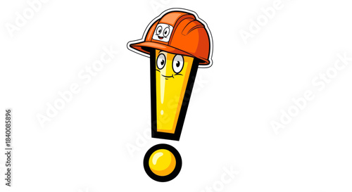 Cartoon Construction Worker Exclamation Mark Wearing Safety Helmet on a White Background
