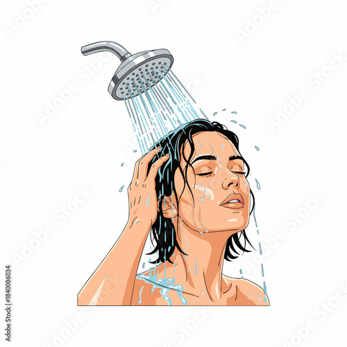Vector Illustration of Woman Washing Hair Under Shower Head, Enjoying Relaxation and Cleanliness Ritual.