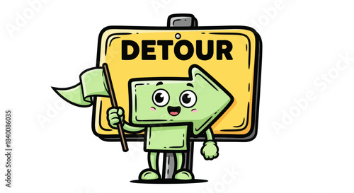 Cartoon Detour Sign Directing the Right Way, Friendly Guide Mascot Displayed