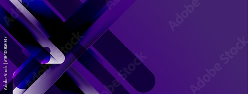 Abstract geometric shapes, purple hues dominate. Modern design, sleek lines create dynamic composition. Minimalist aesthetic, negative space present.