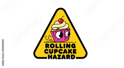 Cartoon Cupcake Hazard Sign: Funny Warning About Rolling Dessert Danger