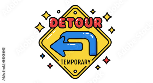 Cartoon Detour Signage Signaling Temporary Route Change and Direction Guidance