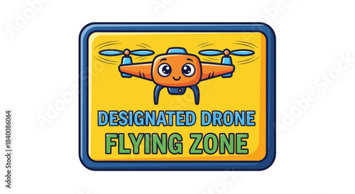Cartoon Drone Designation Sign Illustration with Friendly Design and Color Scheme